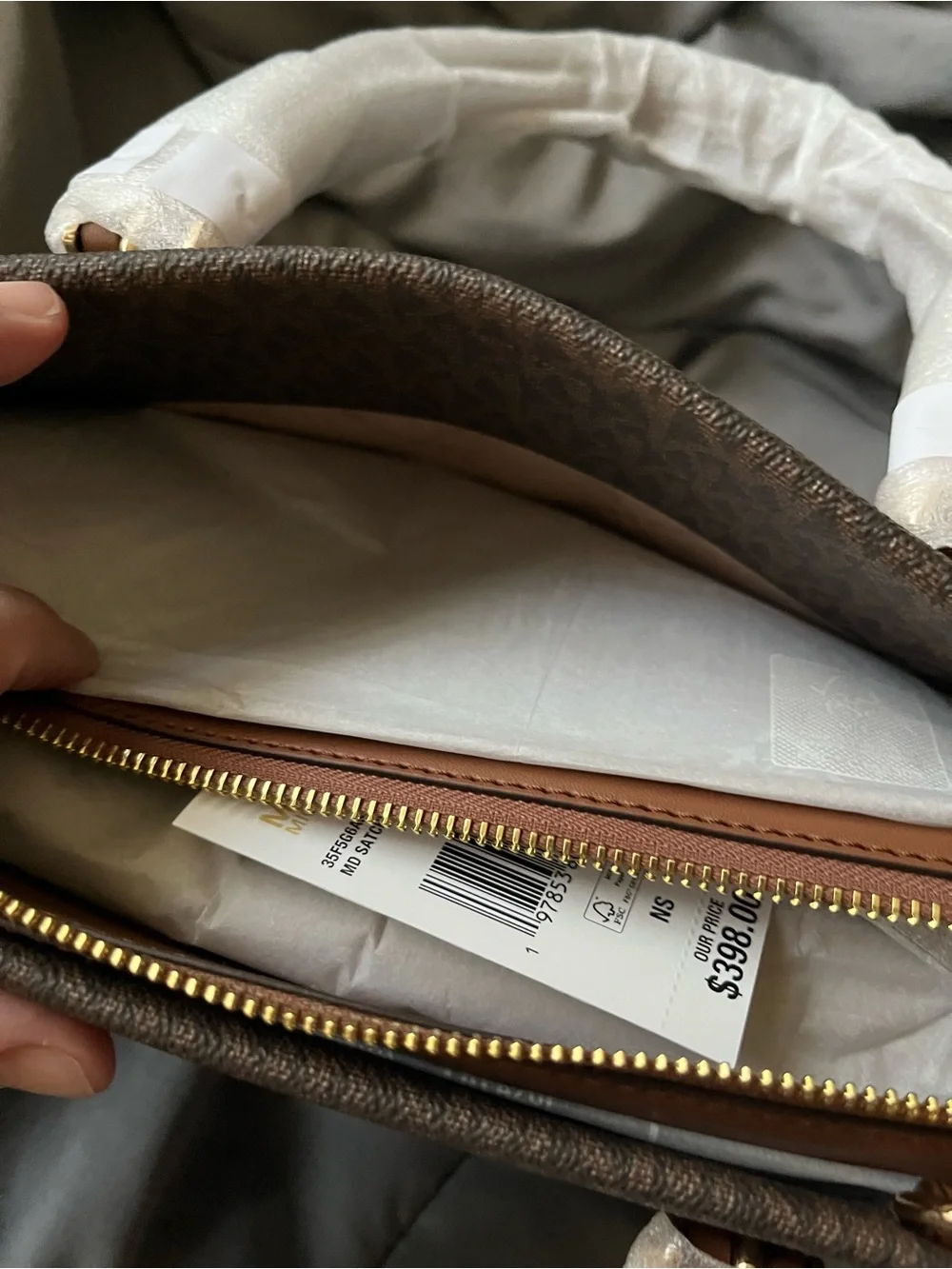 Michael Kors Dark Brown Logo Satchel with Tan Accents
